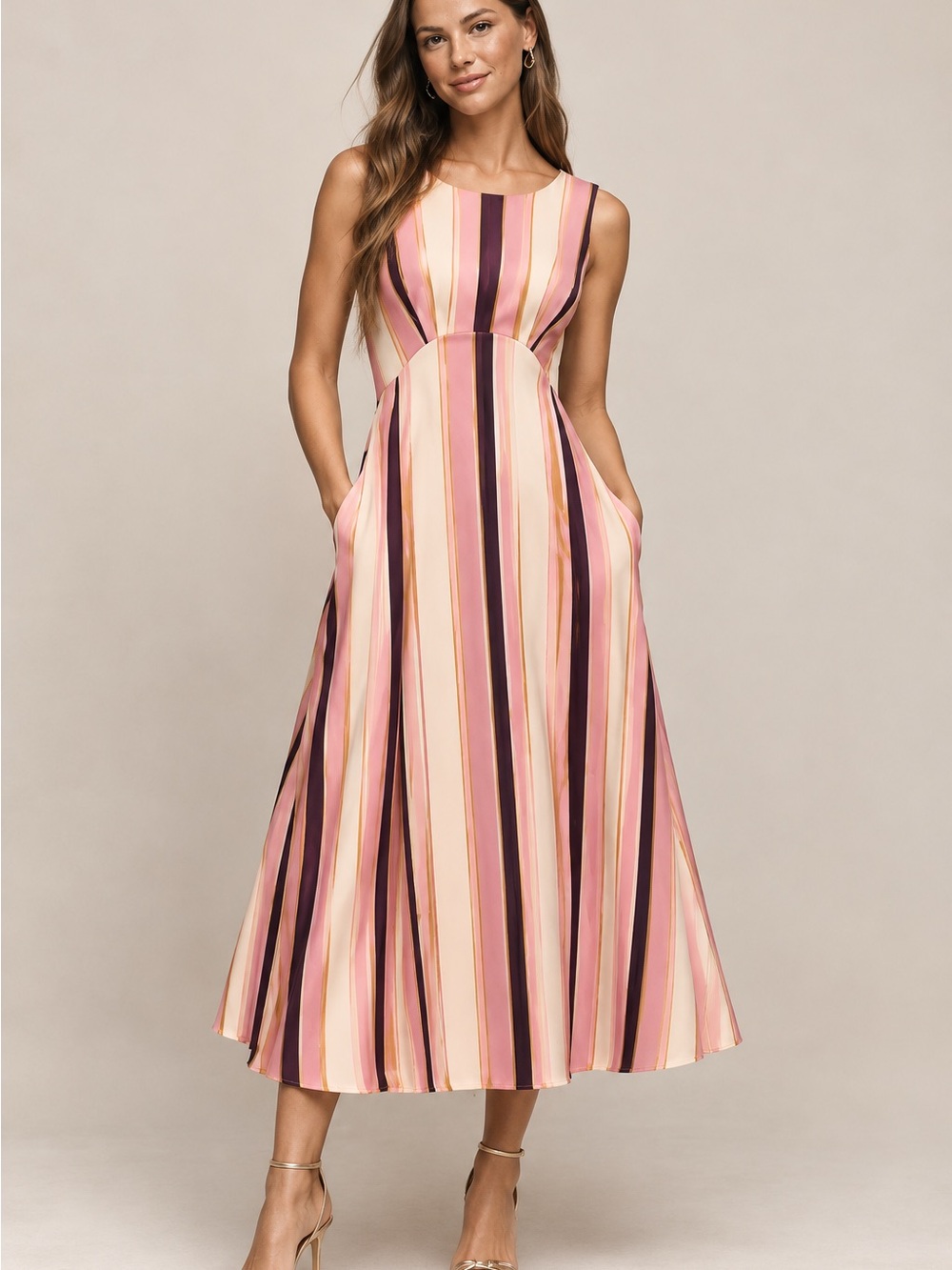 Anthropologie Striped Midi Dress Pink Brown XS NWT Pockets